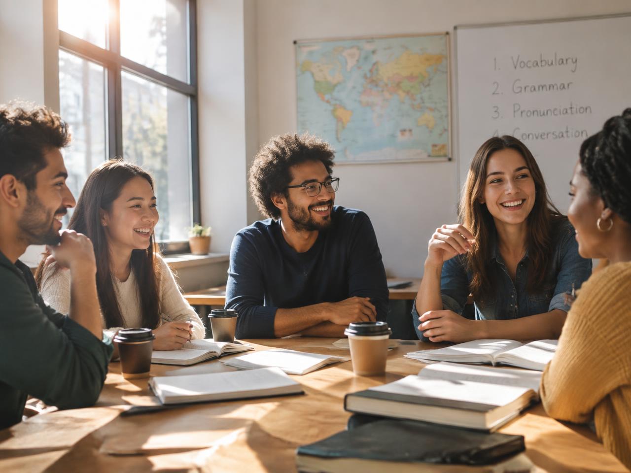 Alunos de várias nacionalidades conversando em sala